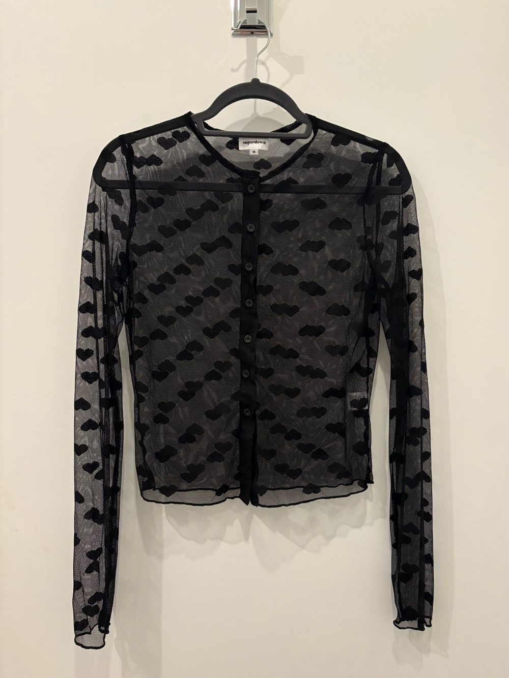superdown Black Sheer Heart Flocked Long Sleeve Cardigan intimate mesh button